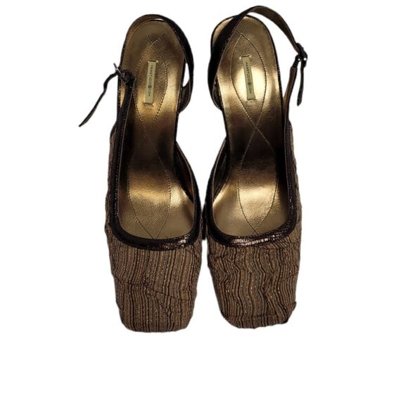 MAX STUDIO heels metallic bronze brown square toe fabric and leather slingback 8 - Picture 3 of 12